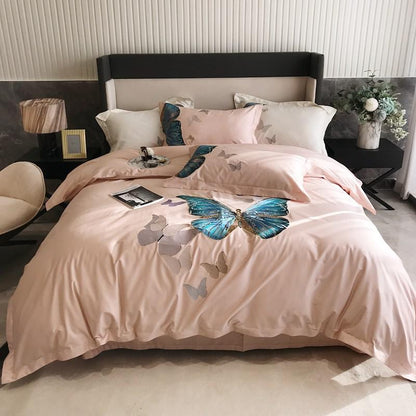 Pink Butterfly Egyptian Cotton Duvet Cover Bedding Set