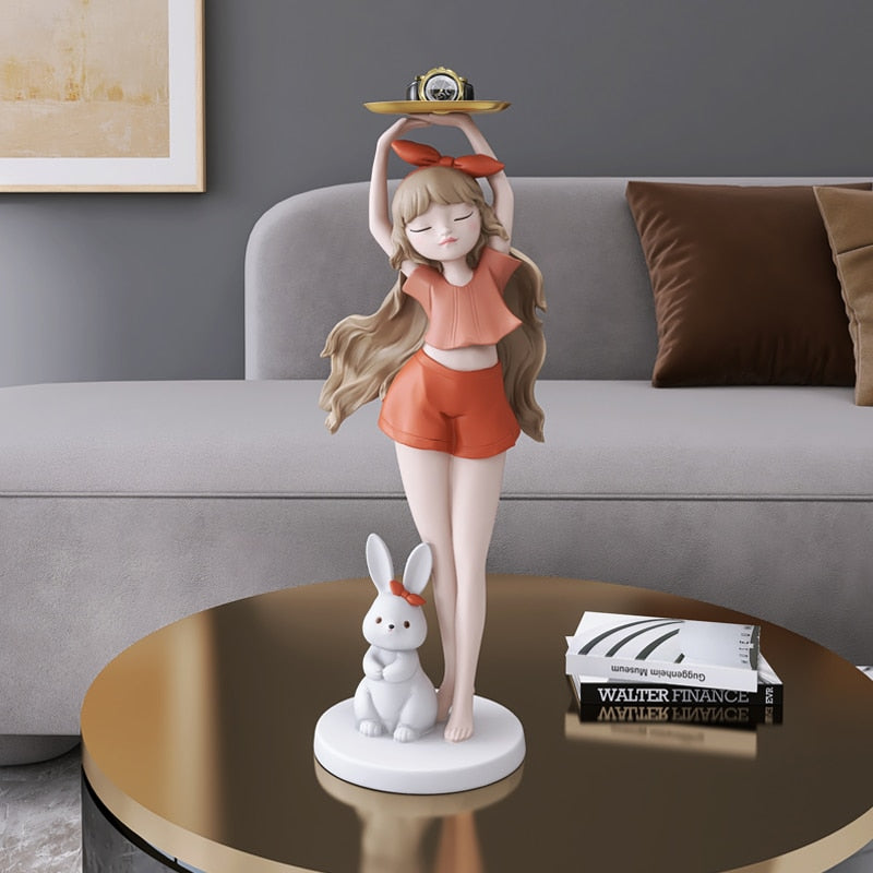 Girl with Long Hair Bunny Tray Small Statue