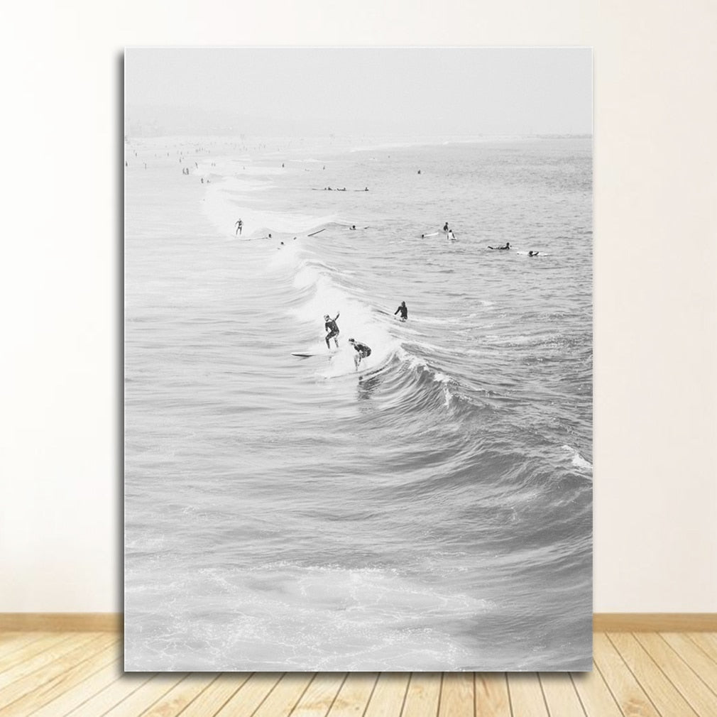 Black and White Ocean Surfing Coastal Beach Canvas Art