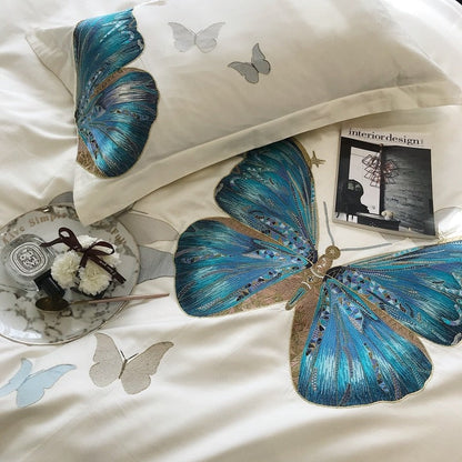 White Butterfly Egyptian Cotton Duvet Cover Bedding Set