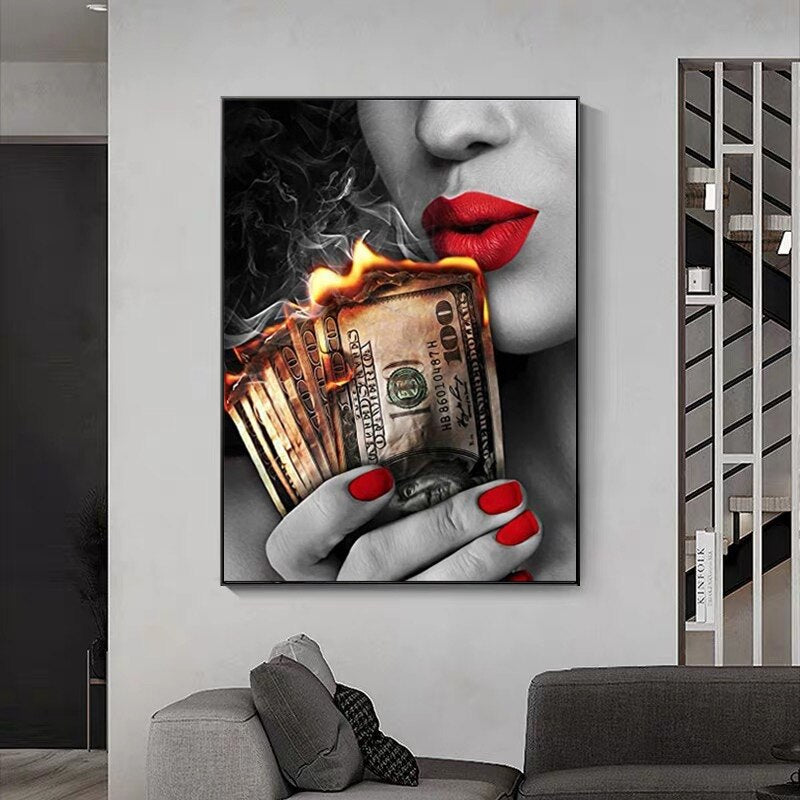 Sexy Red Lips Burning Dollars Canvas Art