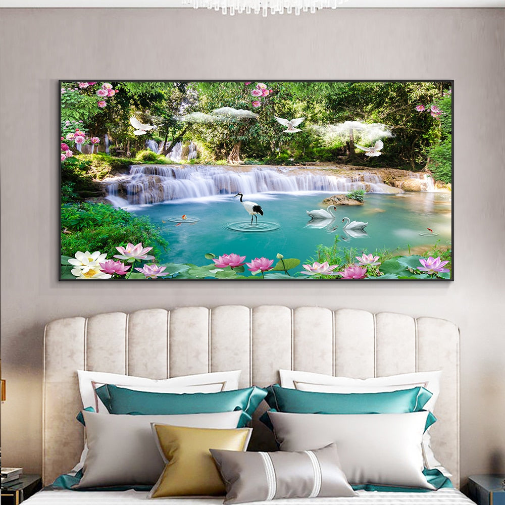 Swan Waterfall Lotus Painting Wall Art Canvas