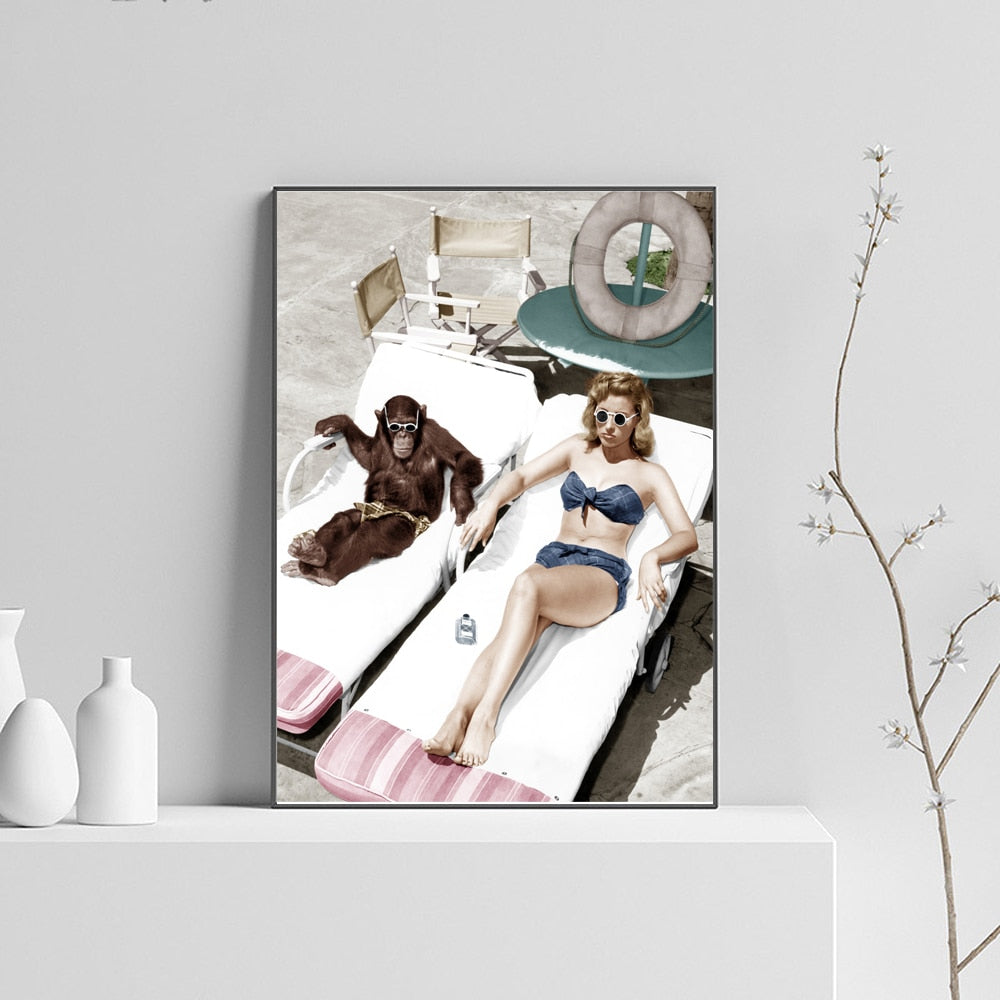 Sexy Woman And Monkey Sunbathing Canvas Art