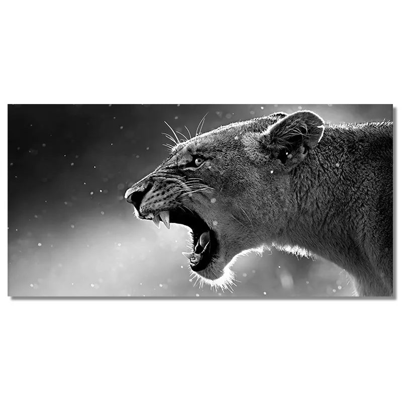 Black And White Roaring Lion Wall Art Canvas