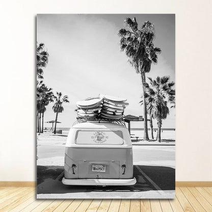 Black and White Beach Palm Surf Canvas Art