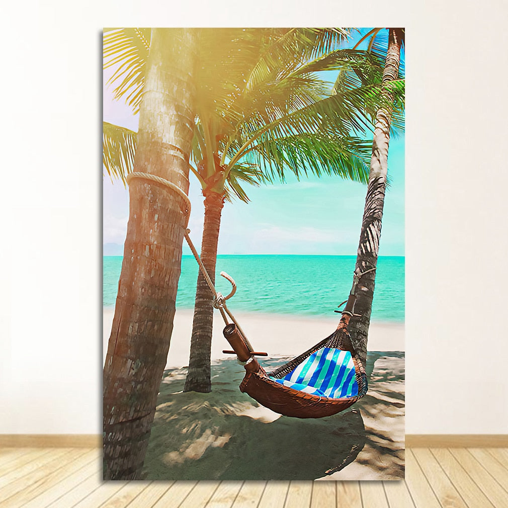 Beach Surfboard Coconut Tree Hammock Canvas Art