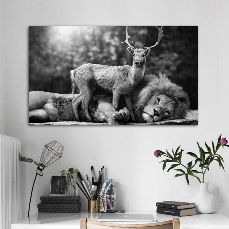 Lion and Sika Deer Canvas Art