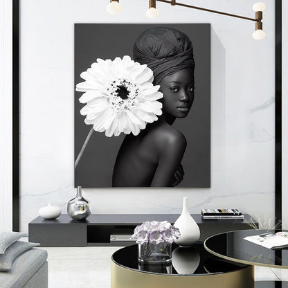 Black & White African Woman with Flowers Canvas Art