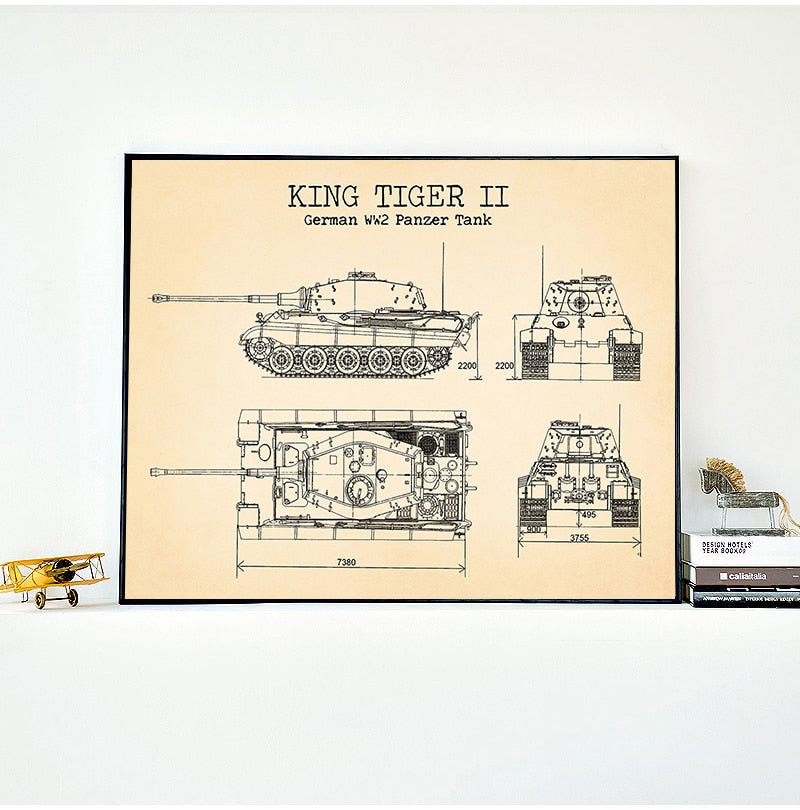 German King Tiger 2 WW II Panzer Tank Blueprint Canvas Art