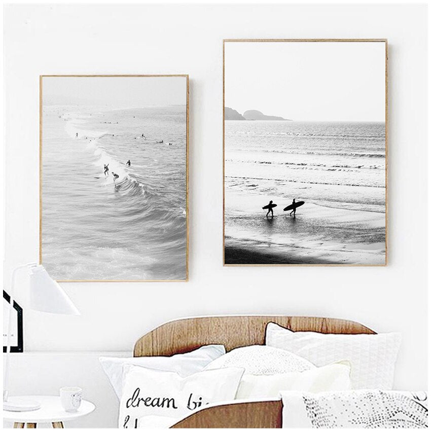 Black and White Ocean Surfing Coastal Beach Canvas Art