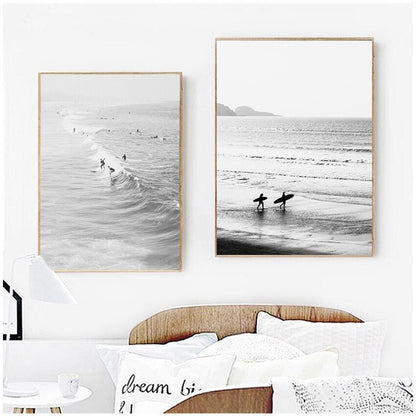 Black and White Ocean Surfing Coastal Beach Canvas Art