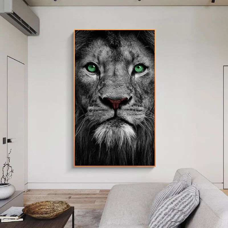 Black And White Green Eyes Lion Wall Art Canvas