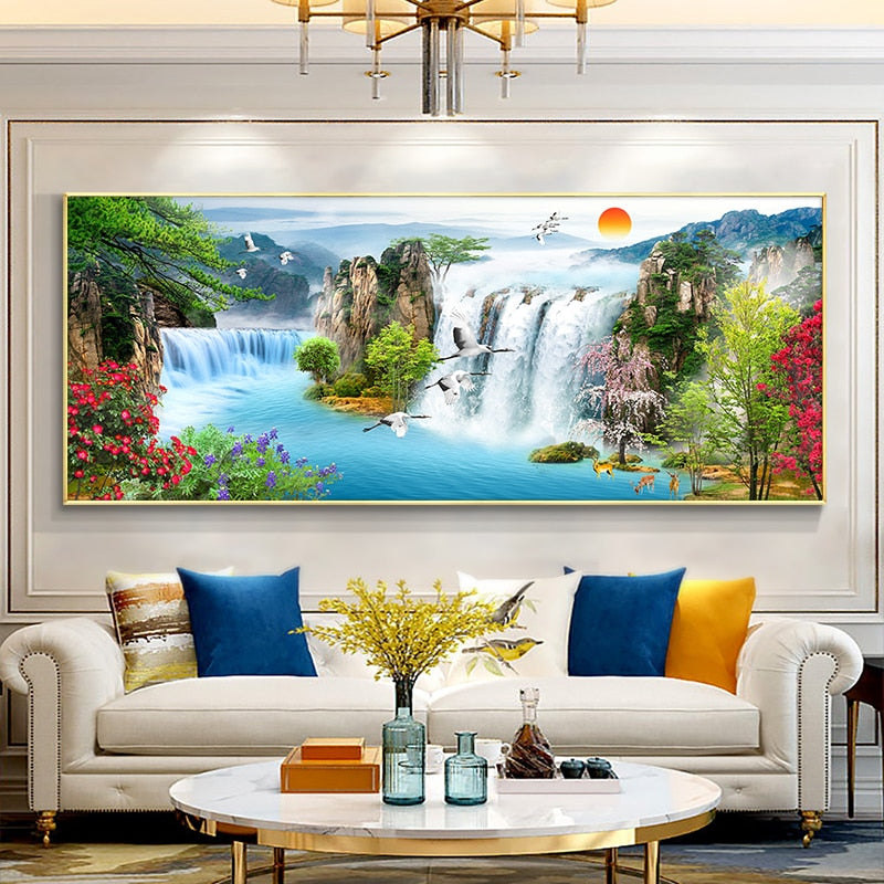 Waterfall Lake Bird Sunset Landscape Painting Canvas Art