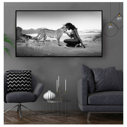 Black and White Snow Leopard with Nude Woman Canvas Art