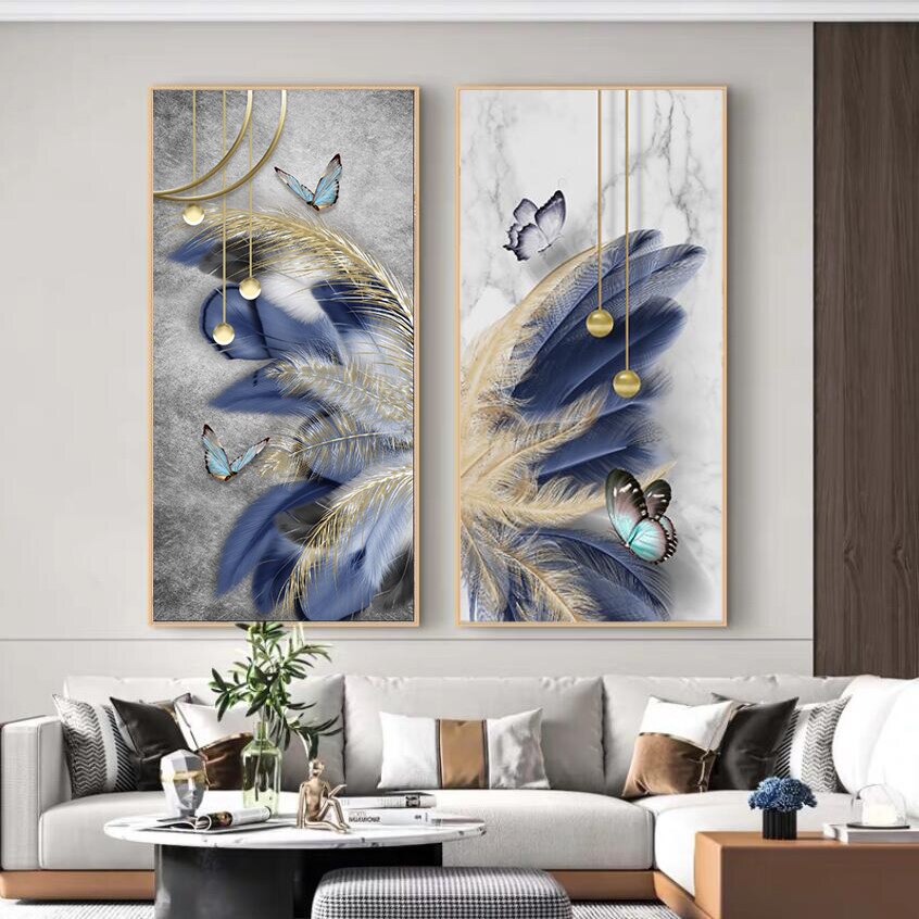 Blue and Gold Feather Deer Canvas Art