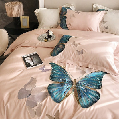 Pink Butterfly Egyptian Cotton Duvet Cover Bedding Set