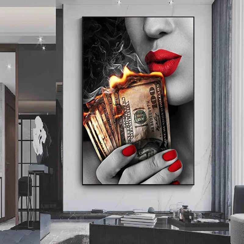 Sexy Red Lips Burning Dollars Canvas Art