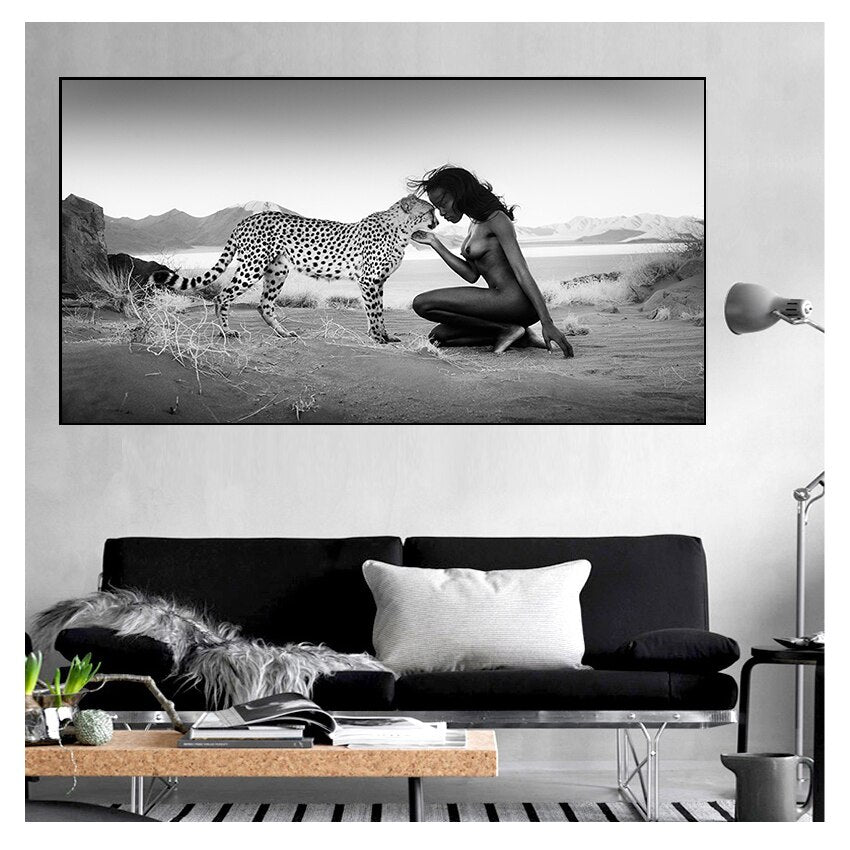 Black and White Snow Leopard with Nude Woman Canvas Art