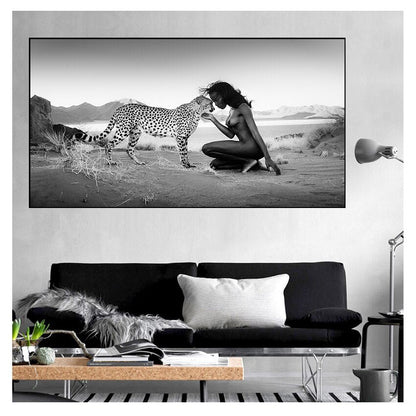 Black and White Snow Leopard with Nude Woman Canvas Art