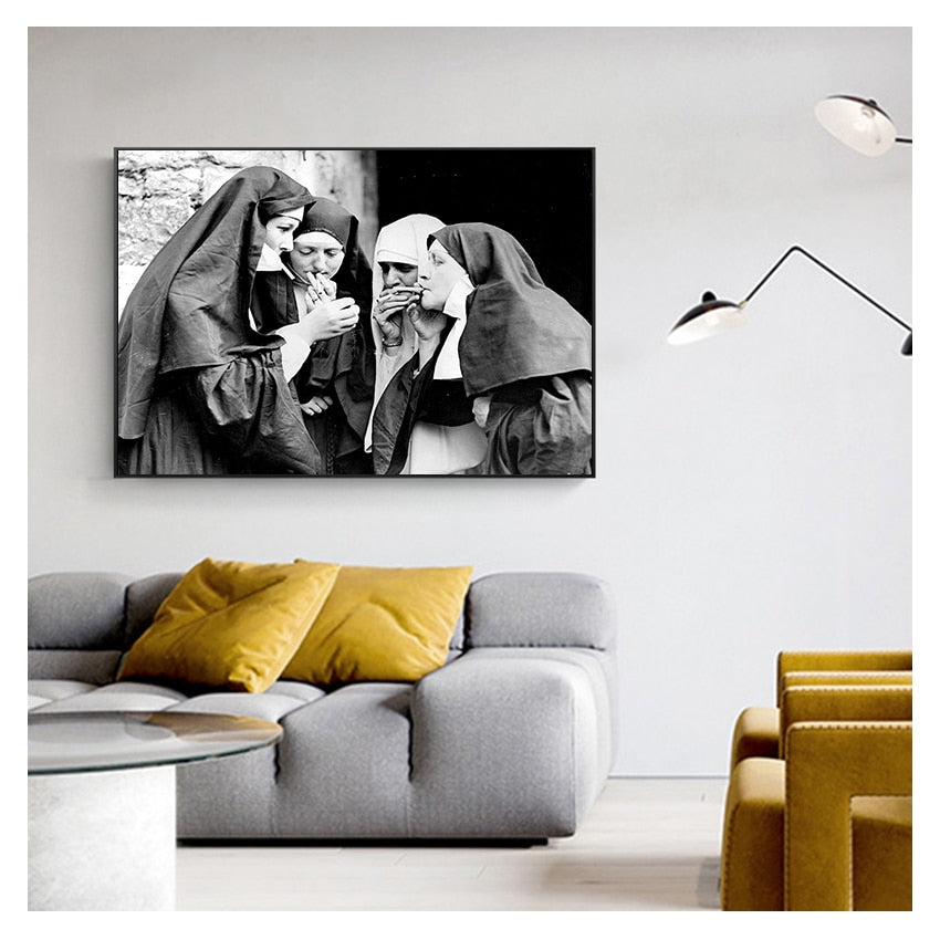 Black and White Poster Smoking Nuns Canvas Art