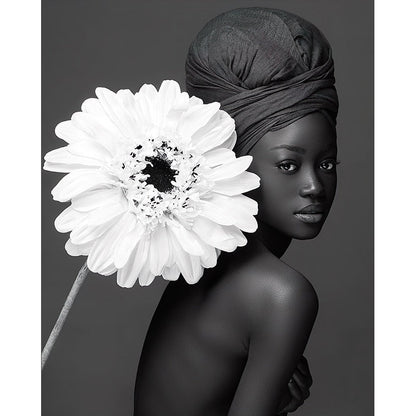 Black & White African Woman with Flowers Canvas Art