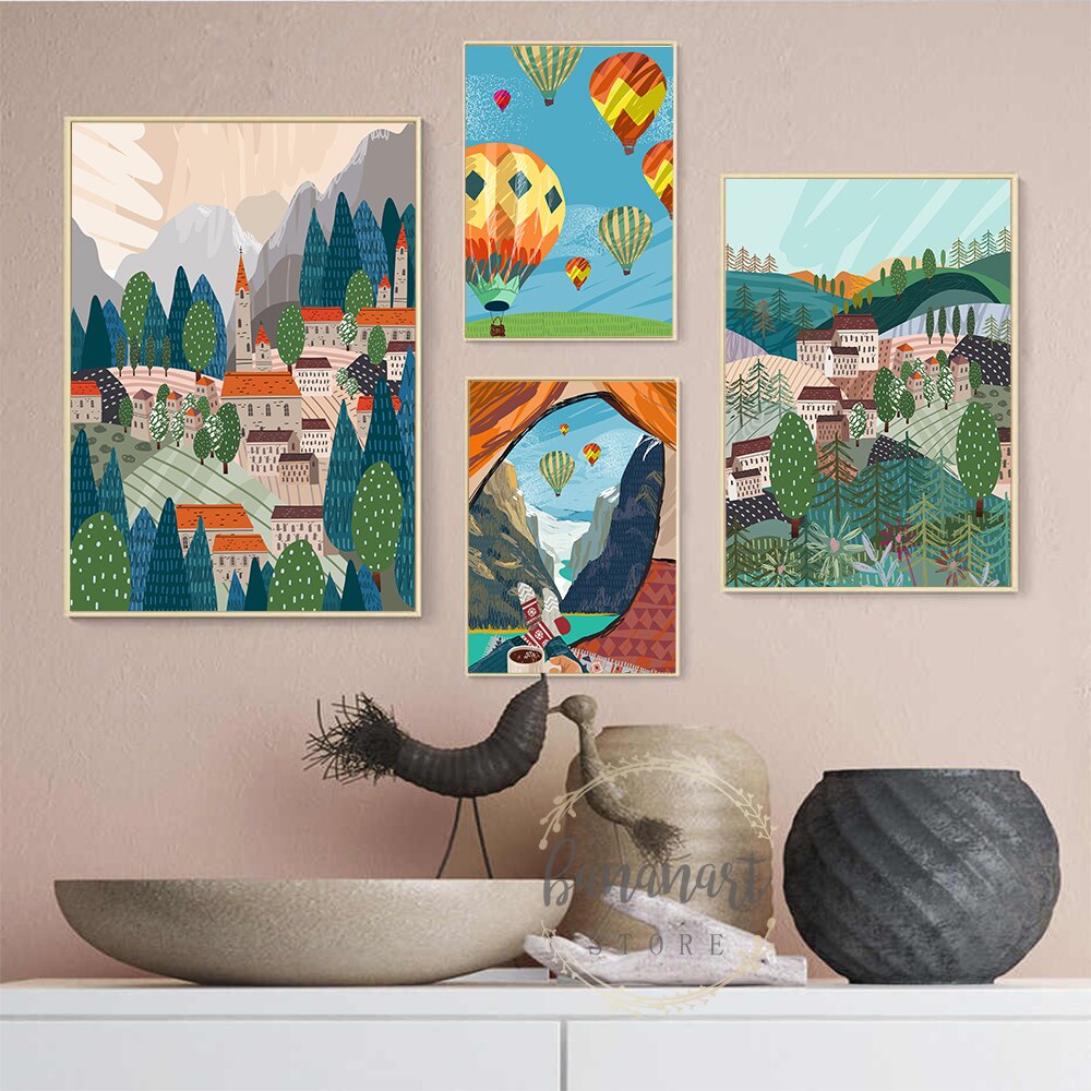 Hot Air Balloon Town Mountain Canvas Art