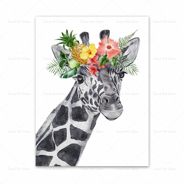 Horse Bunny Llama Giraffe Cat and Flowers Wall Art Canvas