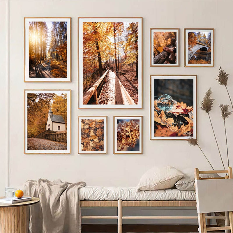 Late Autumn Arch Bridge Forest Hut Leaves Canvas Art