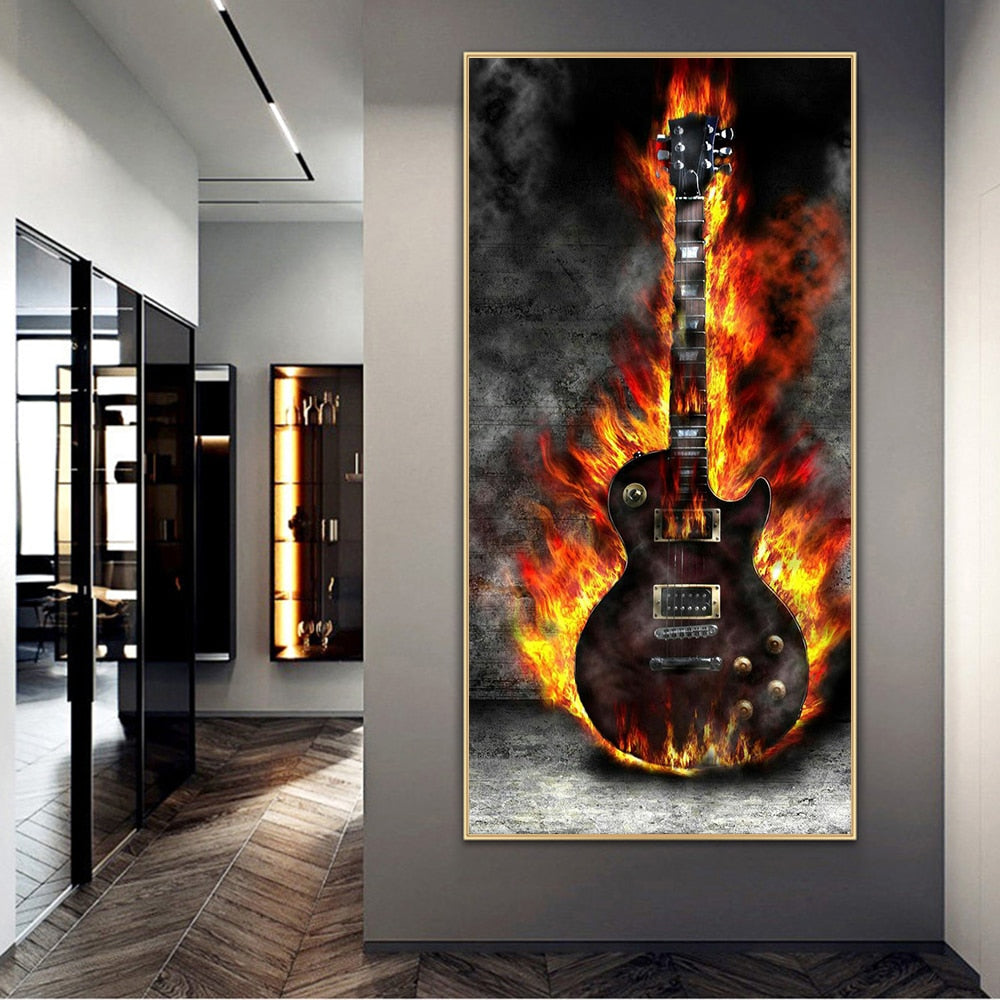 Burning Electric Guitar Canvas Art