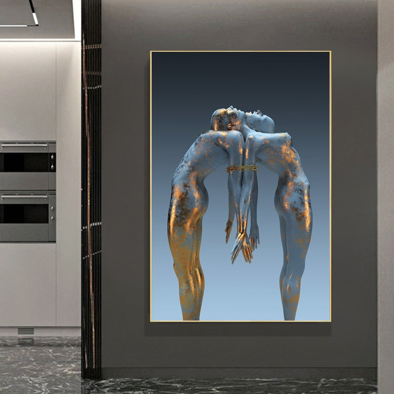 Blue Gold Naked Couple Canvas Art