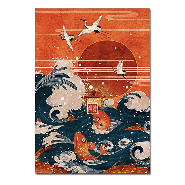 Chinese Style Golden Crane Canvas Art