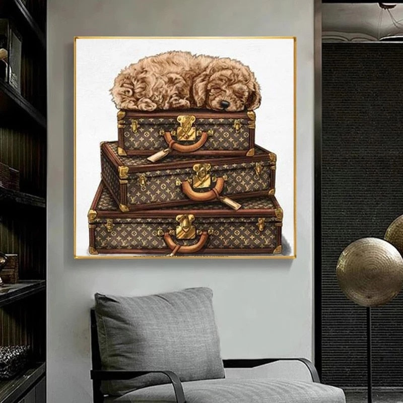 Luxury Vintage Louis Vuitton Luggage Dog Canvas Art