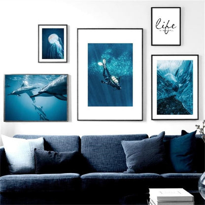 Dolphin Jellyfish Turtle Ocean Canvas Art