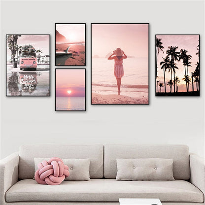 Woman in Pink Beach Canvas Art