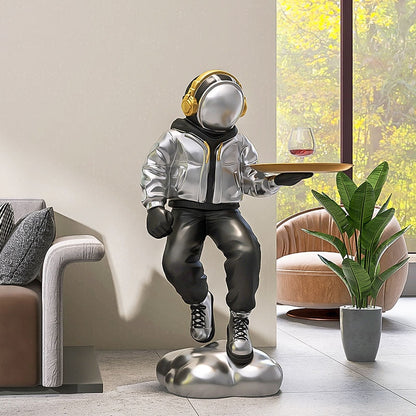 Astronaut Silver Hoodie Floor Statue with Tray