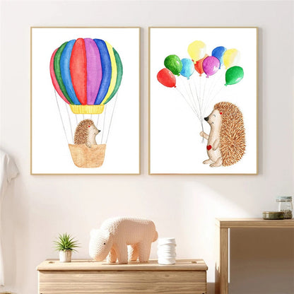 Hot Air Balloon Cartoon Hedgehog Nursery Canvas Art