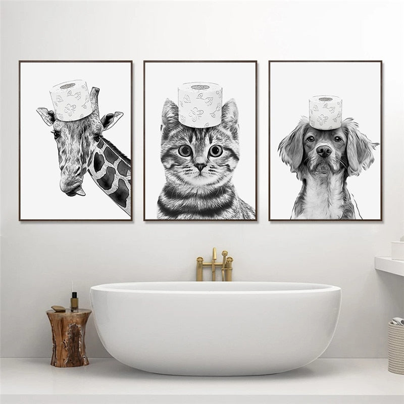 Black and White Animal Funny Bathroom Canvas Art