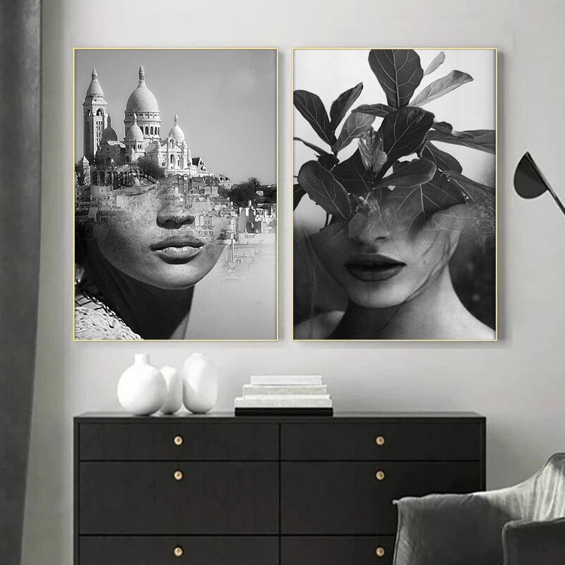 Black and White Women Face with Landscape Canvas Art