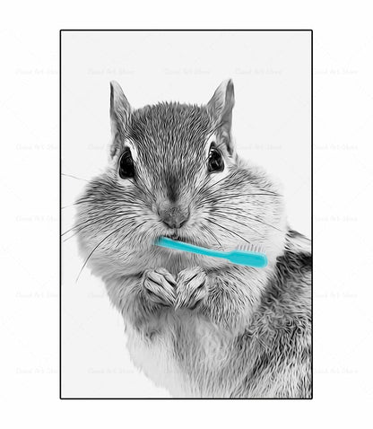 Black and White Animal Brushing Teeth Canvas Art