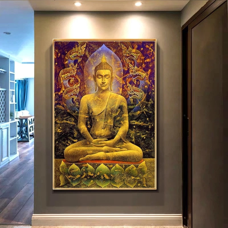 Golden Buddha Statue Dragon Canvas Art