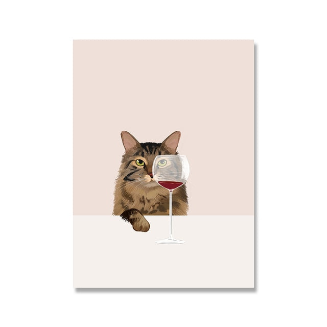 Funny Cute Cat Drink Red Wine Wall Art Canvas