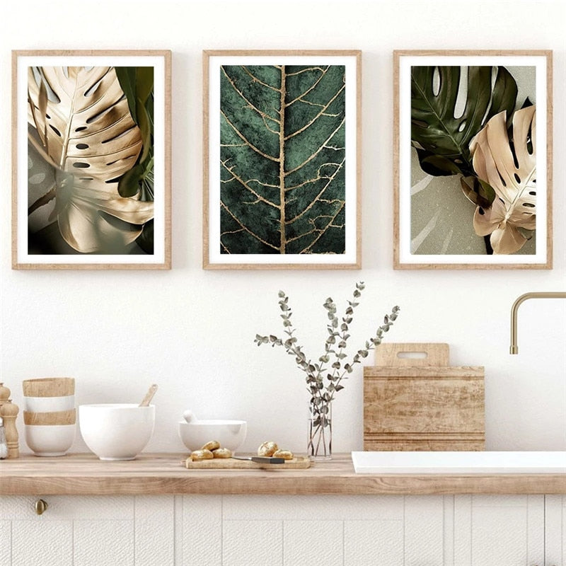 Abstract Golden Leaves Monstera Wall Art Canvas