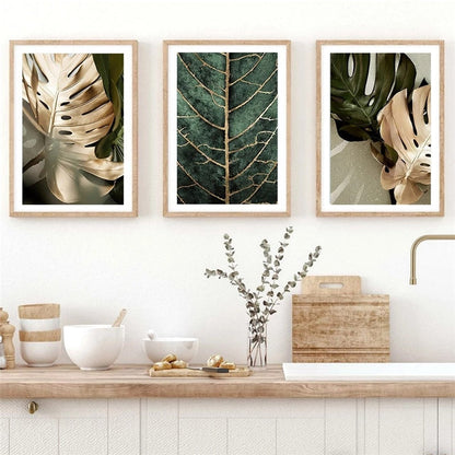 Abstract Golden Leaves Monstera Wall Art Canvas