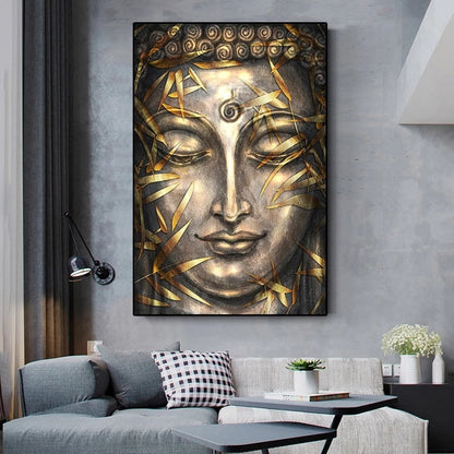 Modern Bronze Buddha Bamboo Leaves Canvas Art