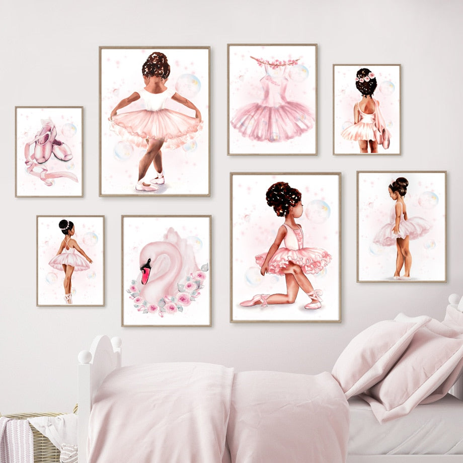 Cute Girl Pink Ballet Swan Canvas Art