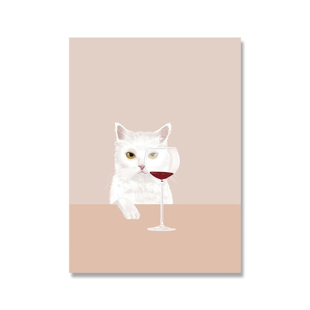 Funny Cute Cat Drink Red Wine Wall Art Canvas