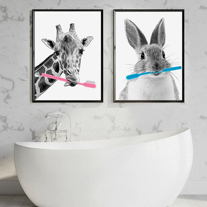 Black and White Animal Brushing Teeth Canvas Art