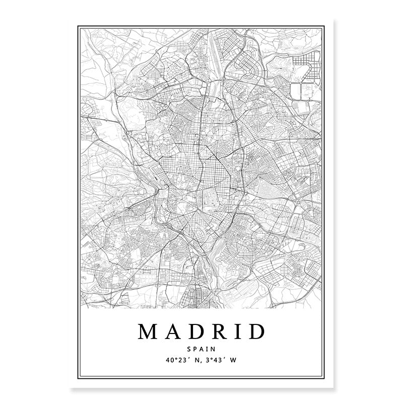 Spain City Map Barcelona Madrid Malaga Seville Canvas Art