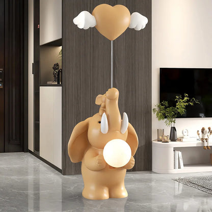 Cute Baby Elephant Love Balloon Floor Ornament Statue with Lamp