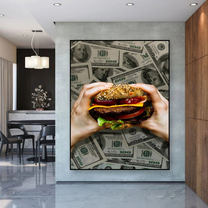 Keep Hungry Hamburger Dollar Bills Canvas Art